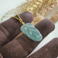 Highly Translucent Icy Light Bluish Green Jadeite “Auspicious Leaf” Pendant (JAB005522) 2