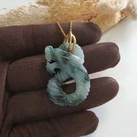 Translucent Bluish Flower Green Jadeite "Spiral 8 Dragon" Pendant (JAB007157) 2