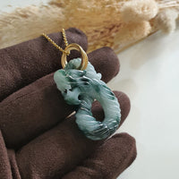 Translucent Bluish Flower Green Jadeite "Spiral 8 Dragon" Pendant (JAB007157) 3