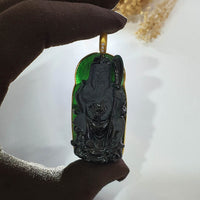Translucent Icy Bluish Green Omphacite Jadeite "Mighty Guan Gong" Pendant (JAB007218) 1