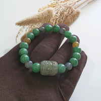 Translucent Icy Yellowish Black & Green Jadeite “Ruyi & Hulu” Beads Barrel Bracelet (JAC003276) 8