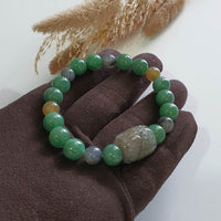 Translucent Icy Yellowish Black & Green Jadeite “Ruyi & Hulu” Beads Barrel Bracelet (JAC003276) 3