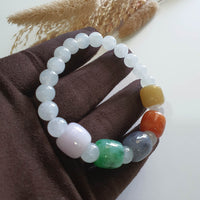 Translucent Icy with “The Five Elements” Jadeite Beads Barrel Bracelet (JAC003361) 4