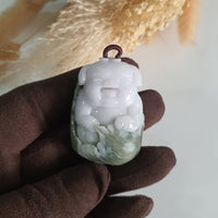 Translucent White and Green Jadeite "Smiley Piglet on Giant Cabbage" (JAM000840) 5
