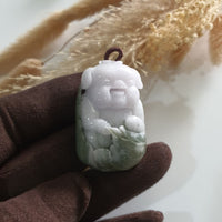 Translucent White and Green Jadeite "Smiley Piglet on Giant Cabbage" (JAM000840) 7