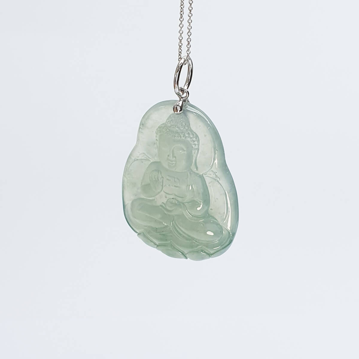 Highly Translucent Bluish Green Jadeite "Amitabha Buddha" Pendant 1