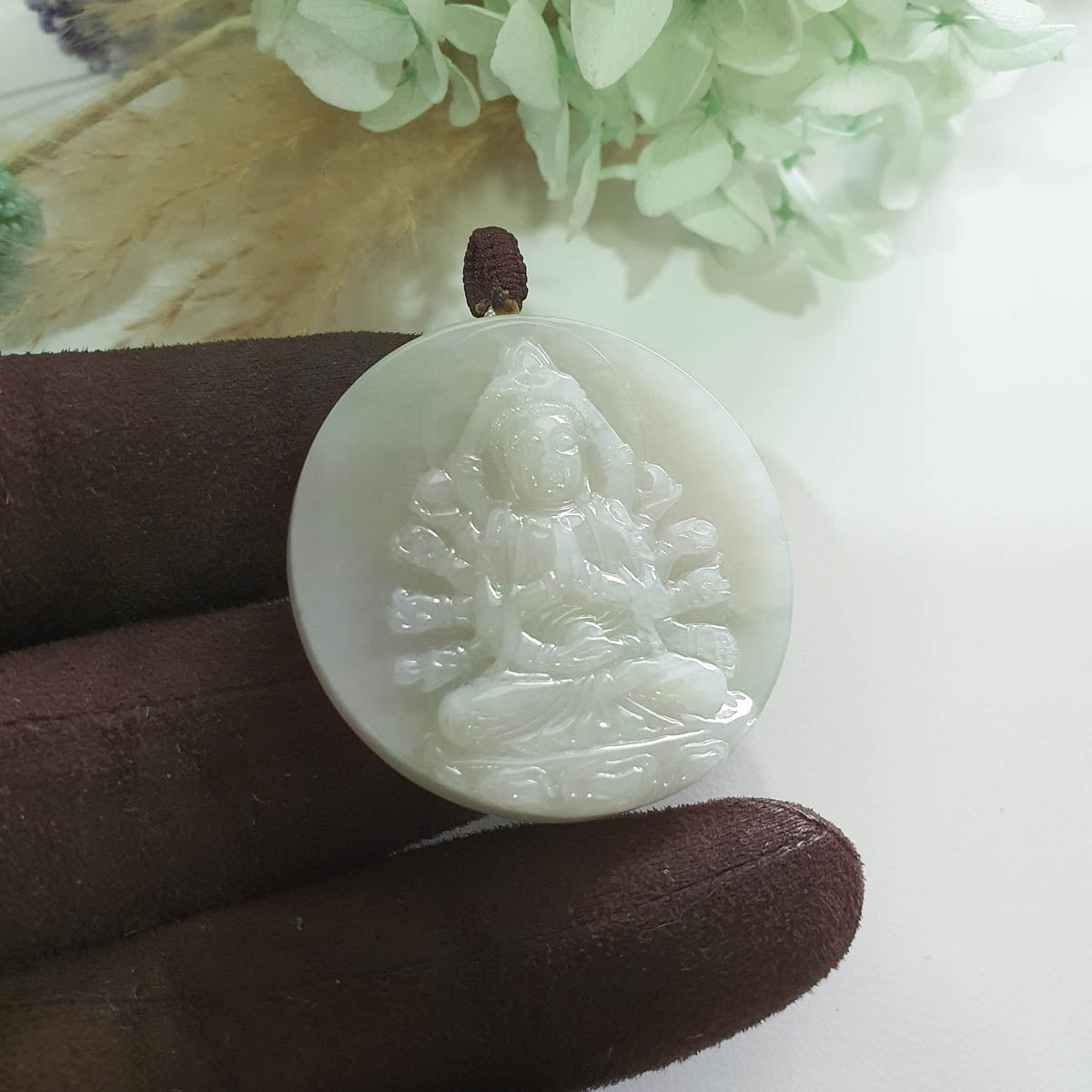 Translucent Icy Light Green Jadeite "1000 Arms Avalokiteshvara" Pendant (JAB008223)