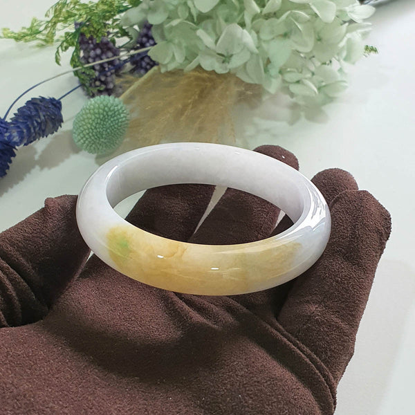 Translucent Light Lavender with Yellow and Green Jadeite “Whispers of Autumn” Bangle (JAC003490)