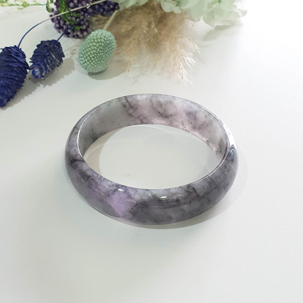 Translucent Icy Black with Brilliant Lavender and Green Jadeite “Midnight Aurora” Bangle (JAC003494)