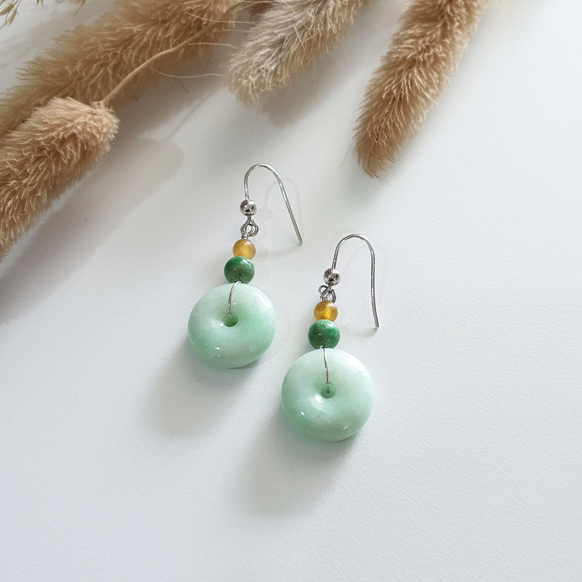 Translucent Light Apple Green Jadeite “Lucky Donuts” Earrings (JAA000232) 1
