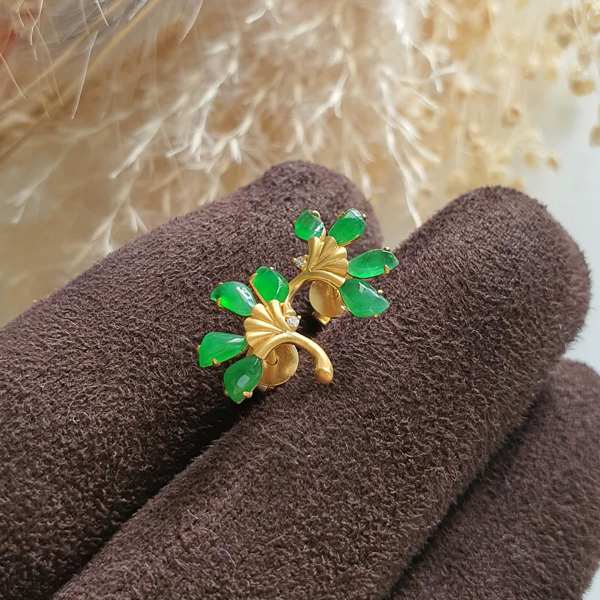 Highly Translucent Brilliant Green Jadeite “Le Floral” Pierced Earrings (JAA001232) 1