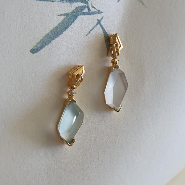 Highly Translucency Icy and Icy Green Jadeite “Golden Cubism" Earrings (JAA001279) 1