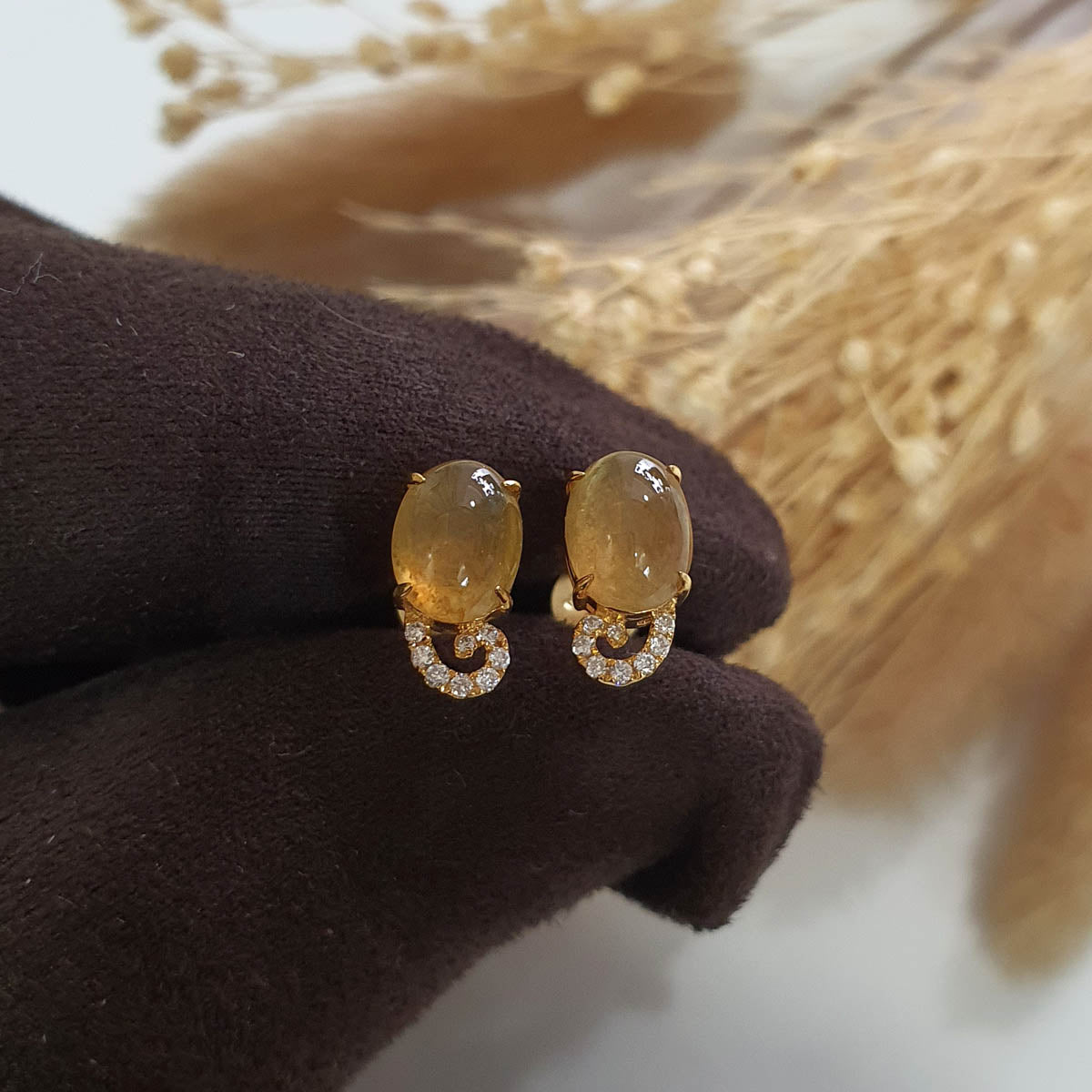 Good Translucent Icy Yellow Jadeite Cabochon Earrings (JAA001839) 1