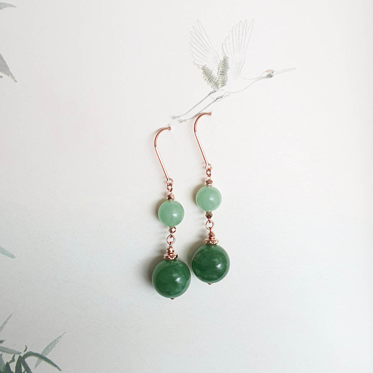 Translucency Icy Apple Green and Green Jadeite “Duo Lantern” Dangling Earrings (JAA002120) 1