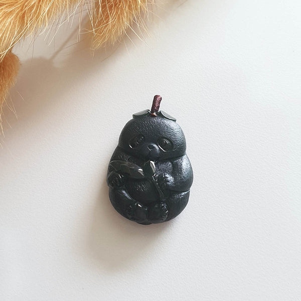 Translucent Omphacite Jadeite "Smiley Panda eating Bamboo" Pendant (JAB003053) 1