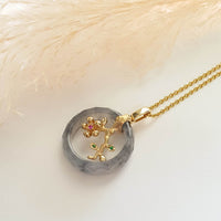Good Translucency Icy Black Jadeite "Cherry Blossom" Pendant (JAB003731) 2