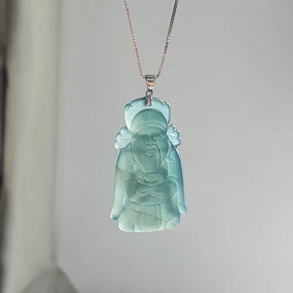 [Rare] Highly Translucent Icy Bluish Green "God of Fortune" Pendant (JAB003810) 1