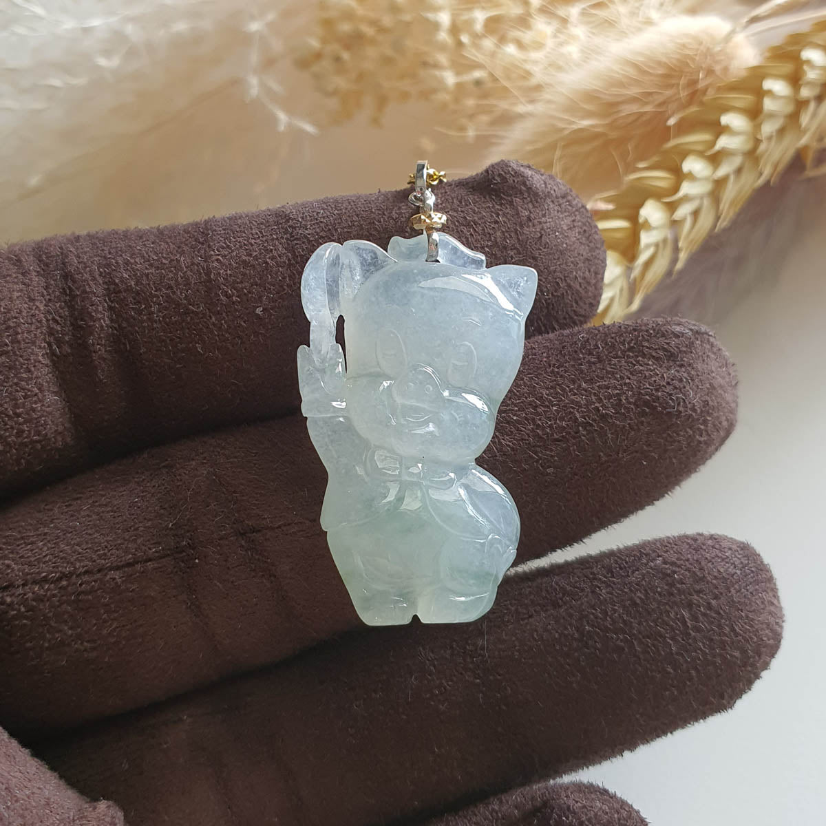 Translucent Icy and Bluish Green Jadeite "Mr Gentleman Pig" Pendant (JAB003870) 1