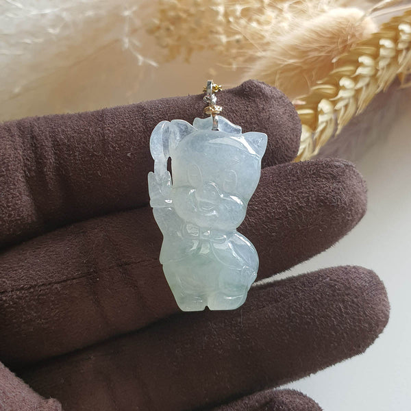 Translucent Icy and Bluish Green Jadeite "Mr Gentleman Pig" Pendant (JAB003870) 1