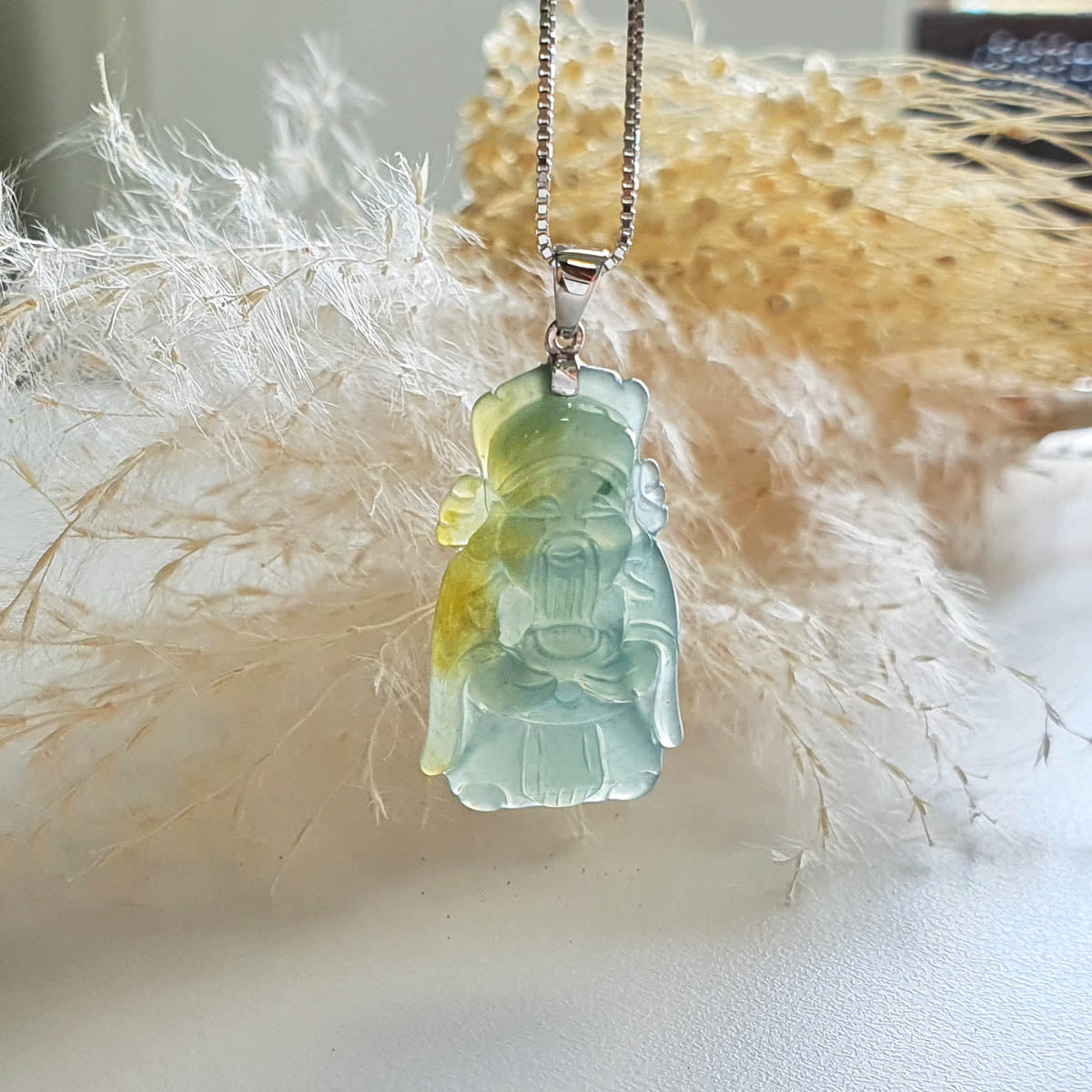 Good Translucency Bluish Green and Yellow "God of Fortune" Pendant (JAB003907) 1