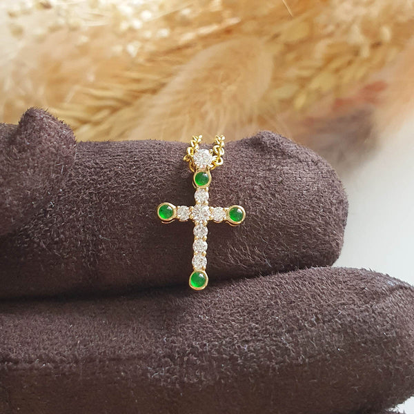 Highly Translucent Imperial Green Jadeite "Diamonds Cross" Pendant (JAB003989) 1