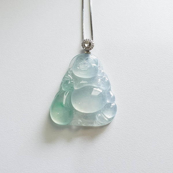 Highly Translucent Icy Green Jadeite "Bu Dai - Laughing Buddha" Pendant (JAB004104) 1