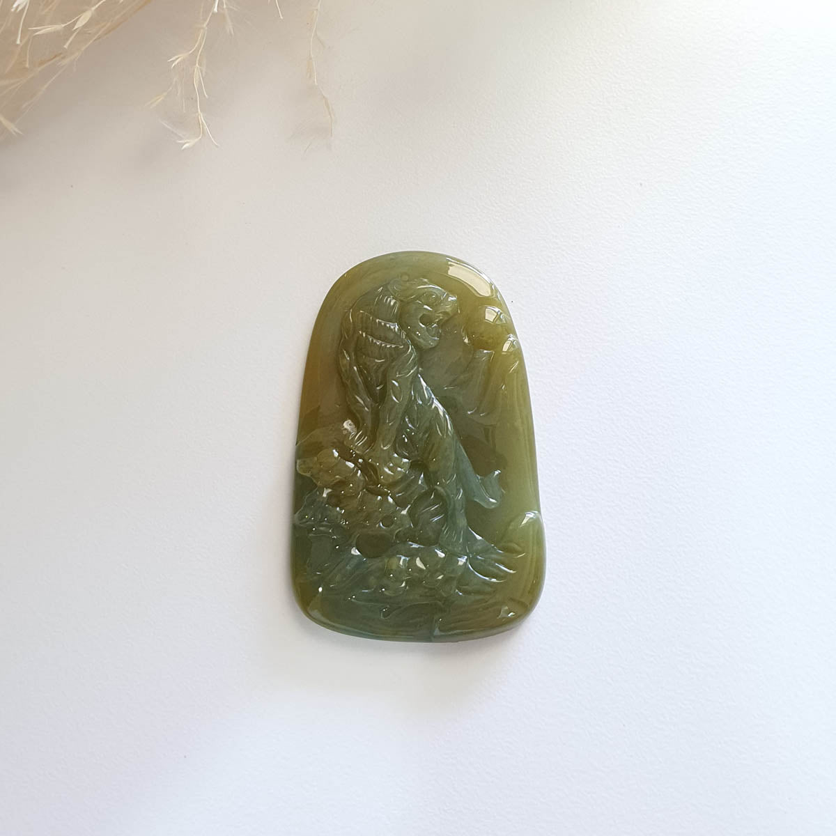 Good Translucency Yellow and Bluish Green Jadeite "Magnificent Tiger" Pendant (JAB004505) 1