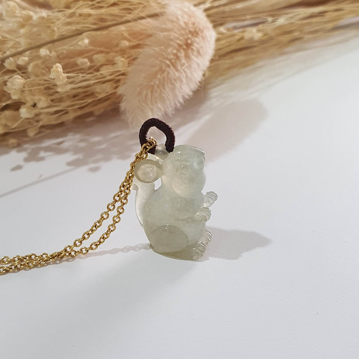 Highly Translucent Icy Light-Yellow Jadeite "Auspicious Mouse" Pendant (JAB004701) 1