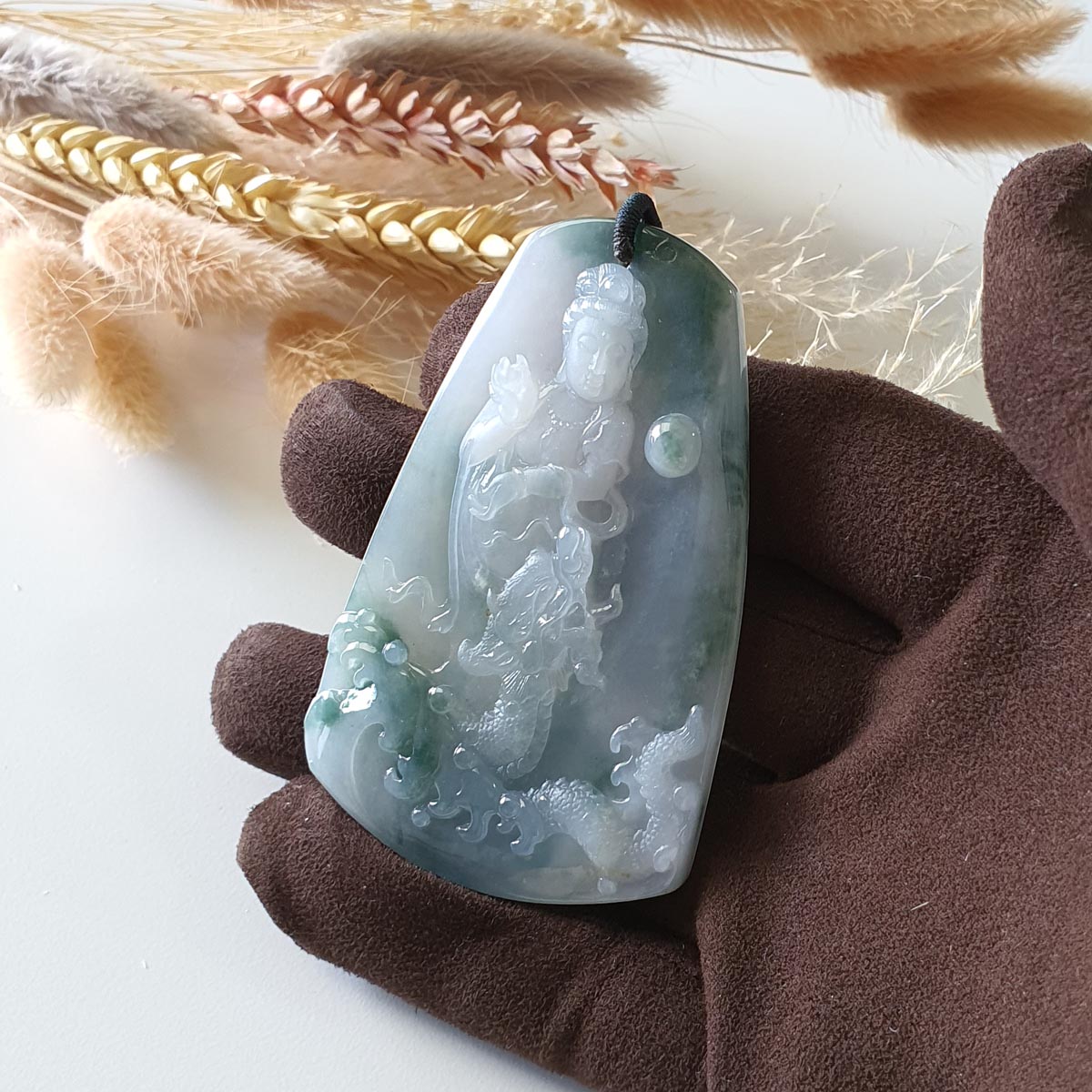 Good Translucency Icy Bluish Green "Goddess of Mercy and Dragon" Pendant (JAB005128) 1