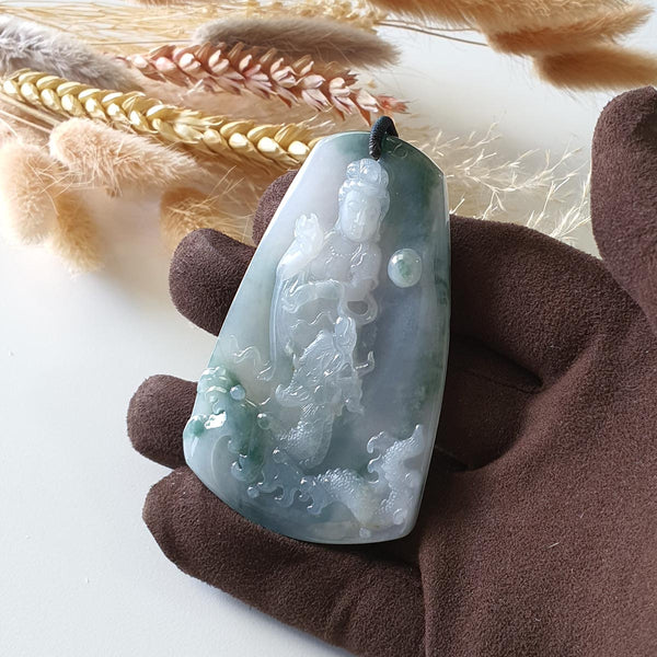 Good Translucency Icy Bluish Green "Goddess of Mercy and Dragon" Pendant (JAB005128) 1