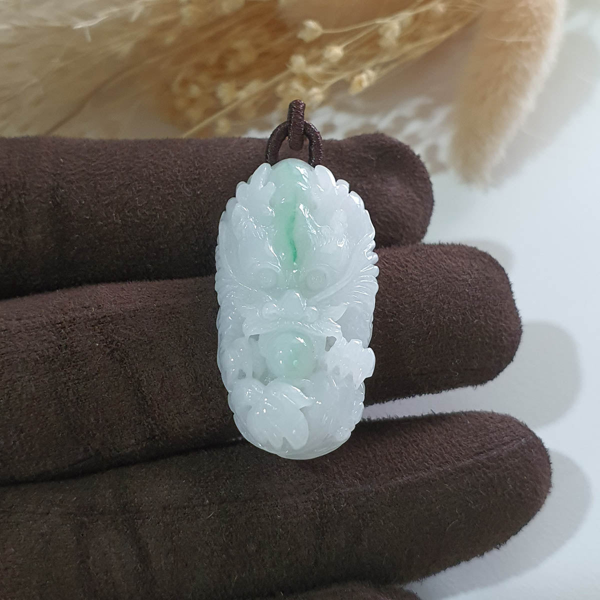 Translucent Icy White with Green Jadeite "Majestic Dragon" Pendant (JAB005181) 1