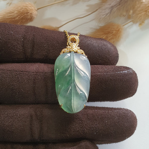 Highly Translucent Icy with Green Jadeite “Auspicious Leaf” Pendant (JAB005217) 1