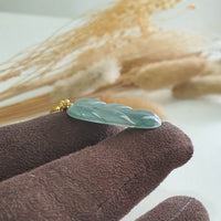 Highly Translucent Icy Light Bluish Green Jadeite “Auspicious Leaf” Pendant (JAB005522) 8