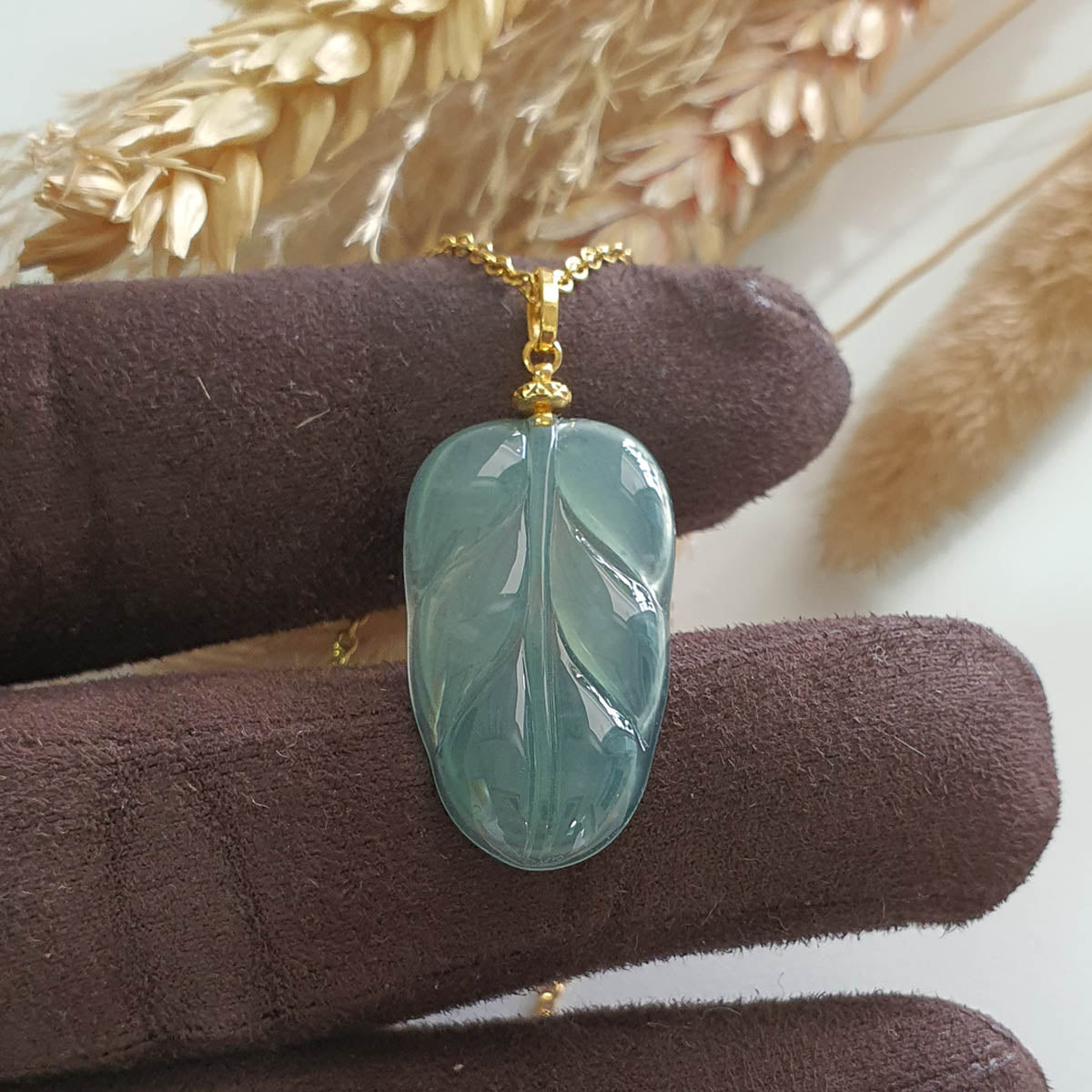 Highly Translucent Icy Light Bluish Green Jadeite “Auspicious Leaf” Pendant (JAB005522) 1