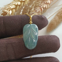 Highly Translucent Icy Light Bluish Green Jadeite “Auspicious Leaf” Pendant (JAB005522) 1