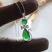 Highly Translucent Omphacite Jadeite "Dazzling Bowtie Cat" Pendant (JAB005653) 1