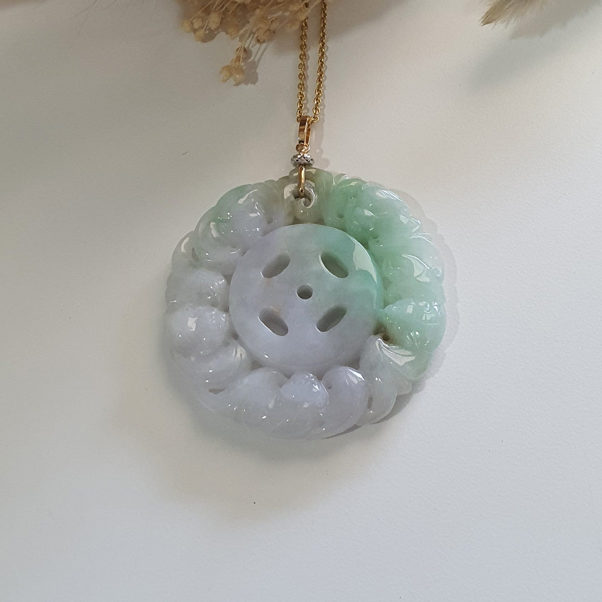 Translucent Green with Light Lavender Jadeite "Auspicious Bats Medallion" Pendant (JAB005685) 1