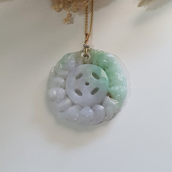 Translucent Green with Light Lavender Jadeite "Auspicious Bats Medallion" Pendant (JAB005685) 1
