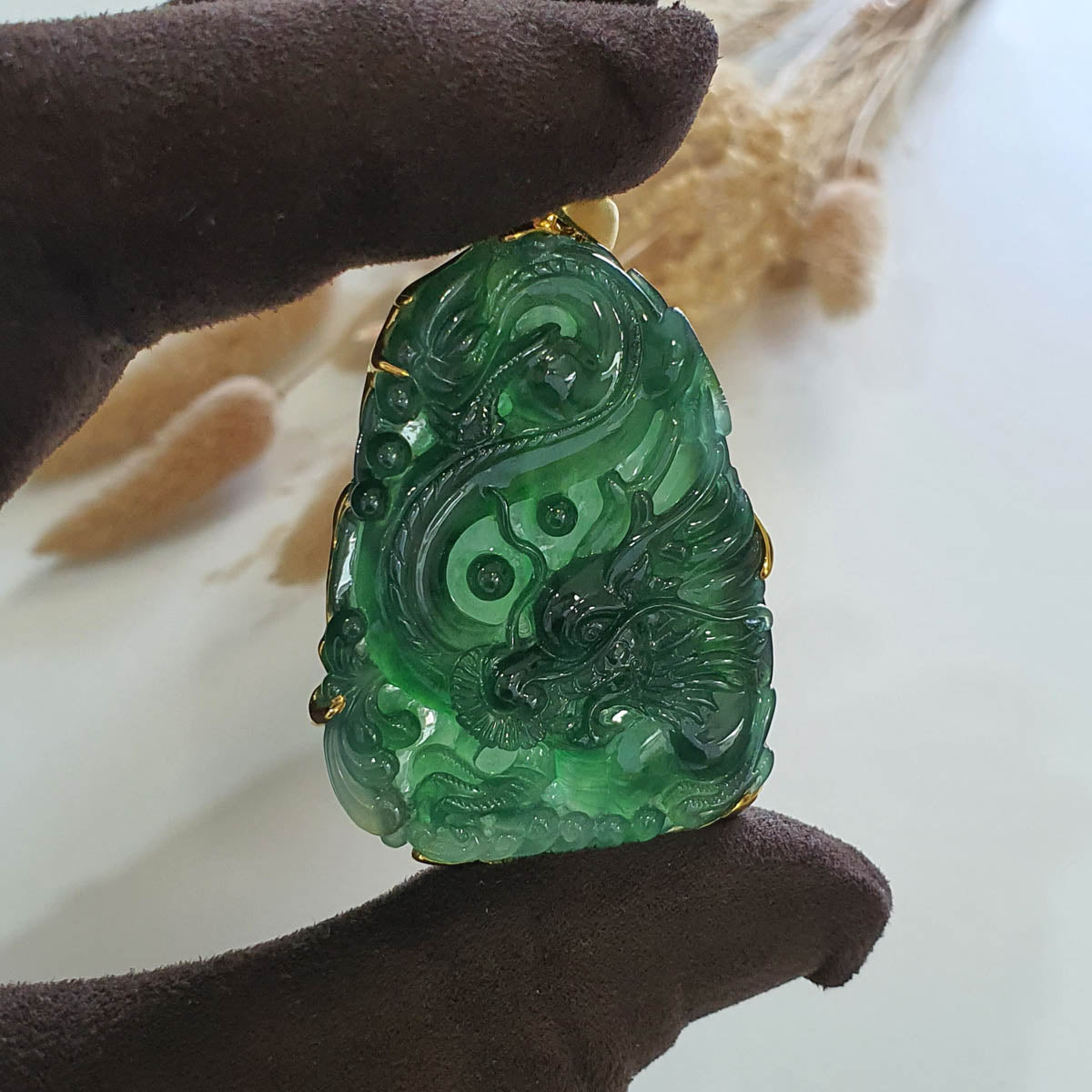 Highly Translucency Icy Green Jadeite "Majestic Dragon" Pendant (JAB005763) 1