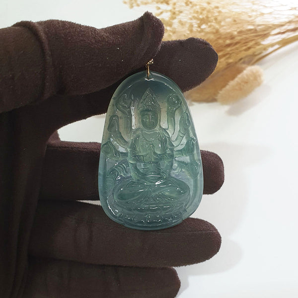 [Rare] Highly Translucent Icy Bluish Green Jadeite "1000 Arms Avalokiteshvara" Pendant (JAB005830) 1