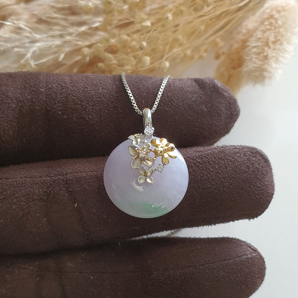 Translucent Icy Brilliant Lavender and Apple Green Jadeite "Enchanted Bee and Baby’s Breath" Pendant (JAB006039) 1