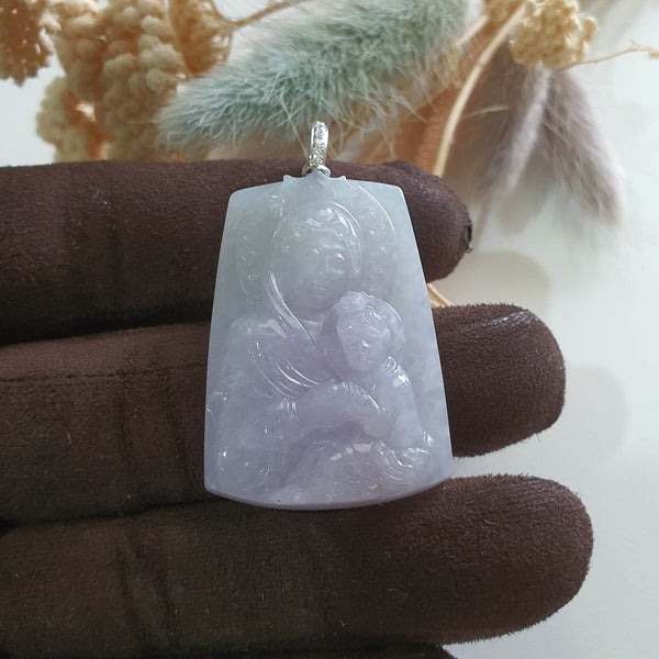 Translucent Lavender Jadeite "Mother Mary and Baby Jesus" Pendant (JAB006051) 1