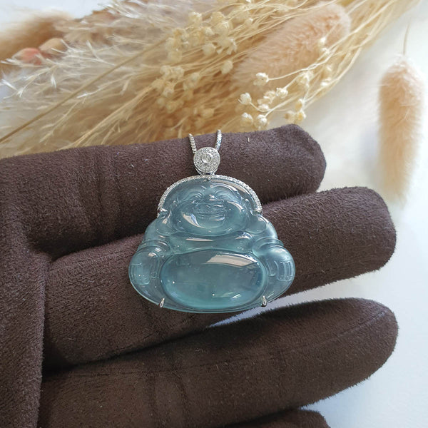 Highly Translucent Icy Blue "Laughing Buddha" Pendant (JAB006064) 1