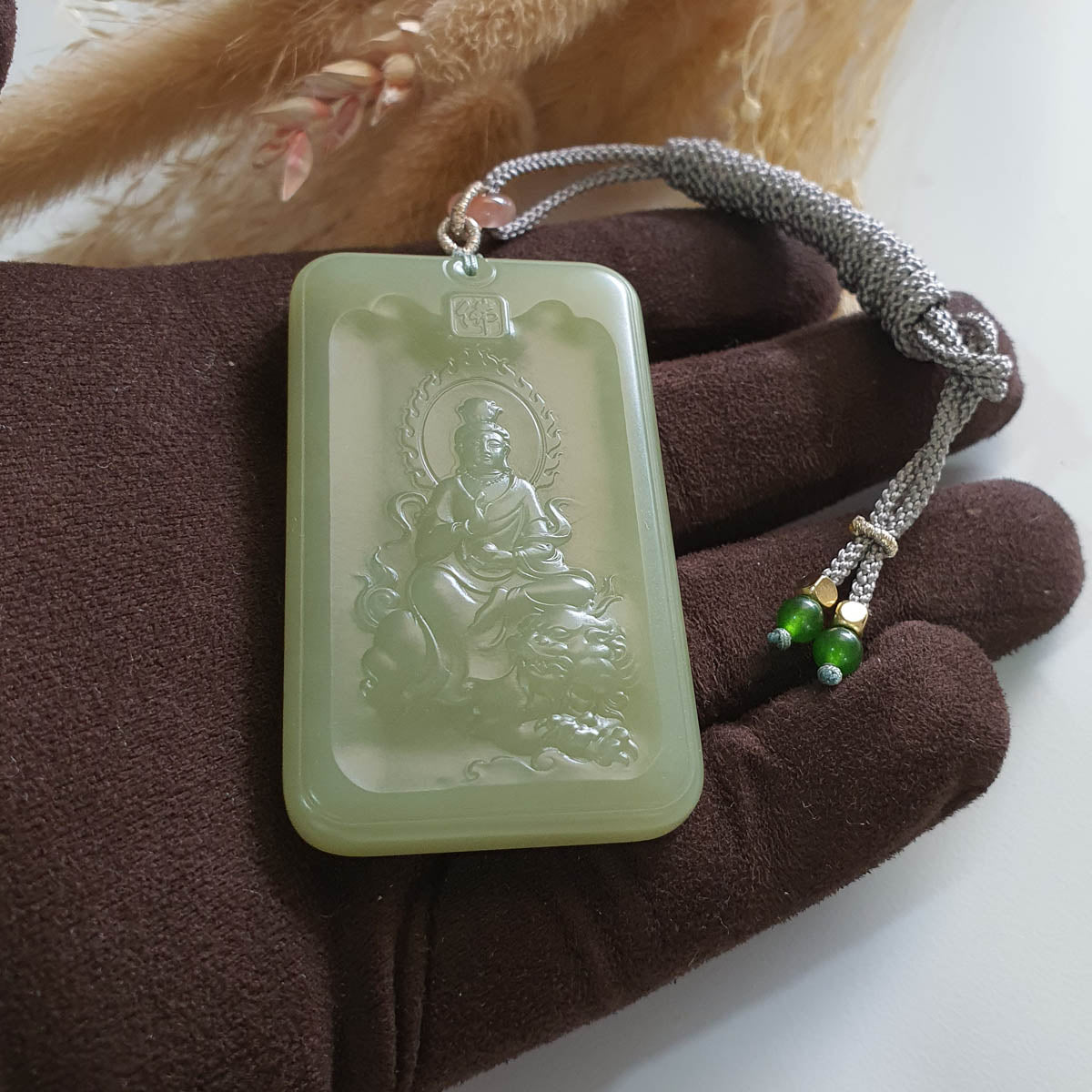 Translucent Yellowish Green Nephrite “Manjushri” Pendant (JAB006289) 1