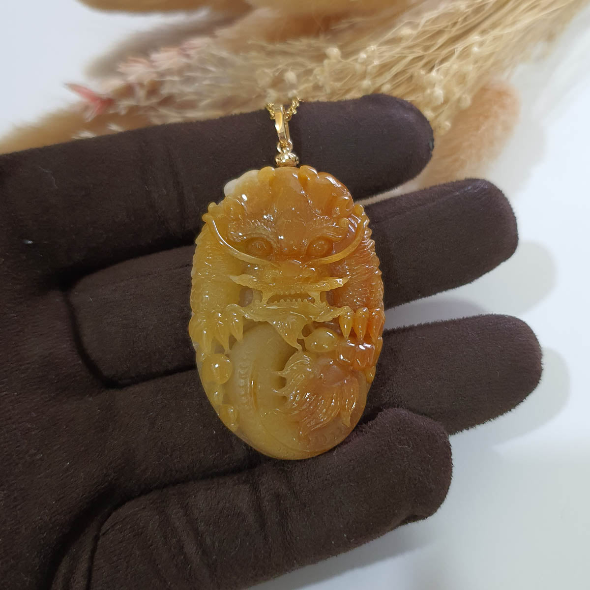 Translucent Brilliant Yellow and White Jadeite "Majestic Dragon” Pendant (JAB006320) 1