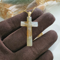 Translucent Icy and Icy Honey Yellowish Jadeite "Crucifix" Pendant (JAB006452) 1