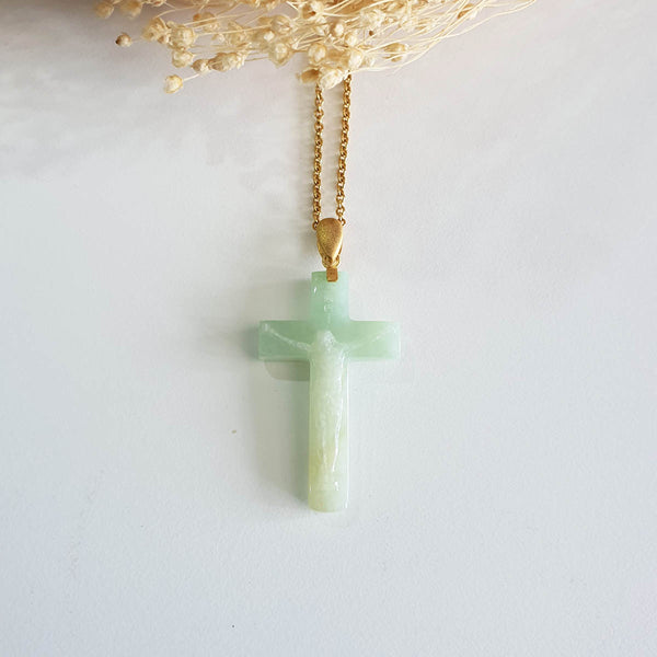 Translucent Light Apple Green and Yellow Jadeite "Crucifix" Pendant (JAB006463) 1