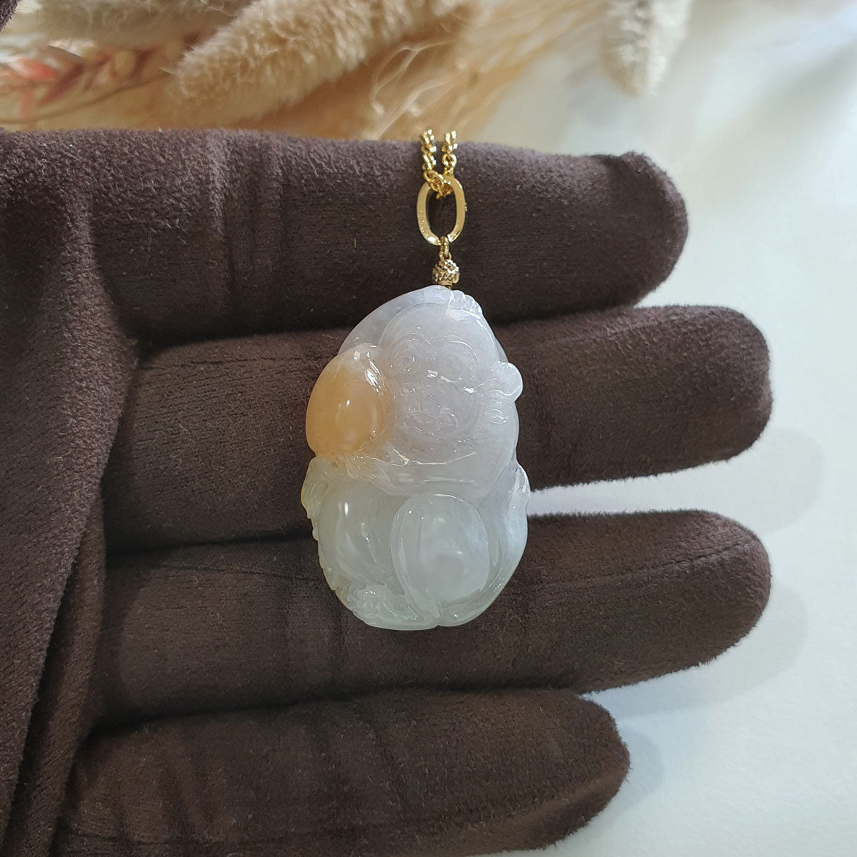 Translucent Icy Tri-colours Jadeite "Longevity Monkey" Pendant (JAB006629) 1
