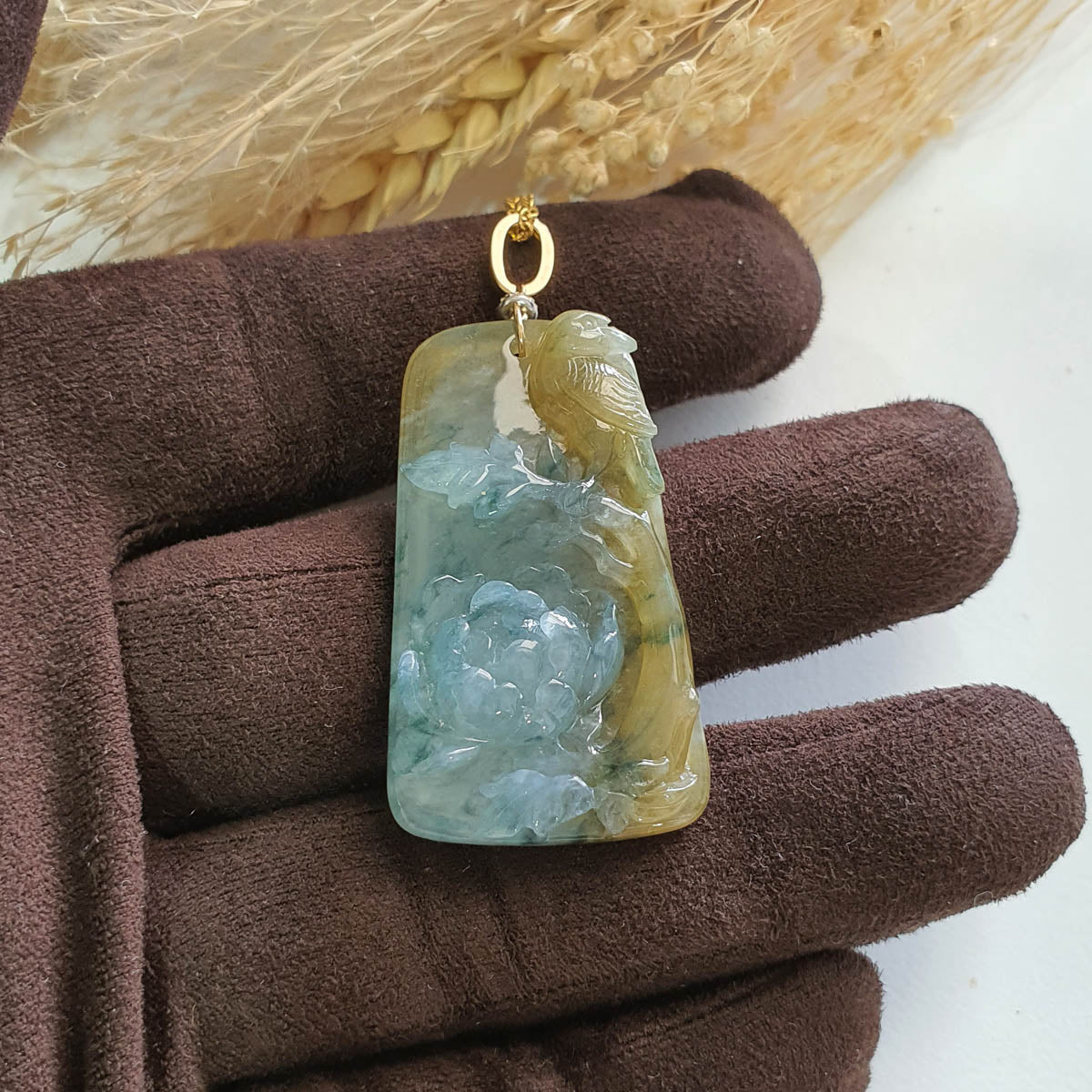 Good Translucency Icy Yellow and Bluish Green Jadeite “Joyful Bloom” Pendant (JAB006631) 1