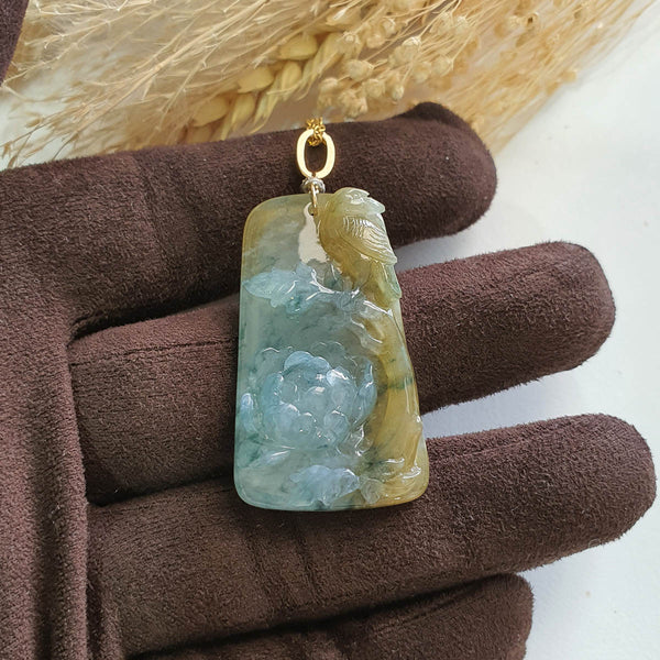 Good Translucency Icy Yellow and Bluish Green Jadeite “Joyful Bloom” Pendant (JAB006631) 1